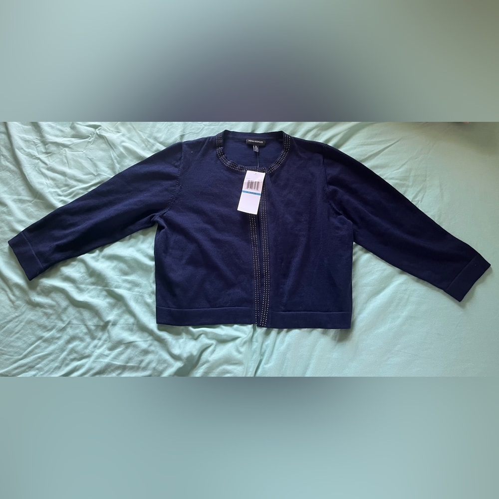 Nina Leonard Navy Blue Embellished Cropped Cardigan Sz XL NWT